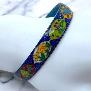 Floral Cloissone Bangle Bracelet Multicolor Flowers Blue Background